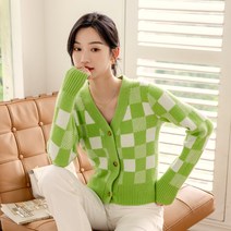 여성용 체크 배색 브이넥 버튼 니트 가디건 하늘비즈 A31 B820A360