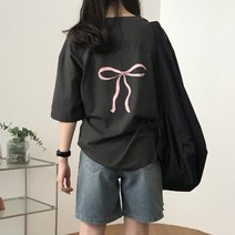 럭키제이 여성용 리본 프린팅 박시 반팔티