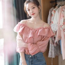 오프숄더블라우스 여성 셔츠 핑크 쉬폰 블라우스 오프숄더 셔츠
