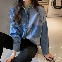 도오빠 여성 데님 셔츠 남방 오버핏 스트라이프 청자켓 긴팔 청남방 여자셔츠 봄 가을 빅사이즈