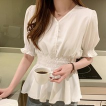 [우리사이] 블라우스쇼핑몰 흰색 페플럼 블라우스 소매 밑단 프릴 카라없는 v넥 we