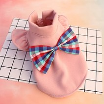 블루팝 애완견 강아지 티셔츠 원피스, 체크 리본 티셔츠