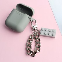 스마트커버 에어팟 키링 케이스 자동차키홀더, 실버체인 그레이블럭키링