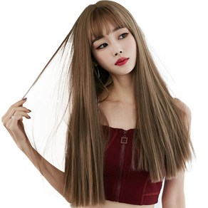 하이유니 풀뱅 스트레이트 펌 롱헤어 통가발 58cm + 가발망 + 가발거치대 세트