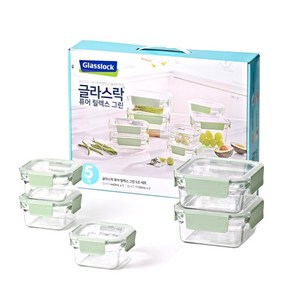 글라스락 퓨어 릴렉스 그린 정사각 밀폐용기 세트, 1세트, 밀폐용기 440ml x 3p + 1130ml x 2p