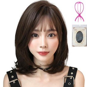 하이유니 허그 펌 단발 헤어 단발 통가발 40cm + 가발망 + 거치대 세트, 커피브라운(가발), 랜덤발송(거치대), 1세트