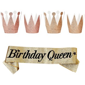 조이파티 글리터 왕관티아라 4p + Bithday Queen 생일 어깨띠 골드 세트, 혼합색상, 1세트