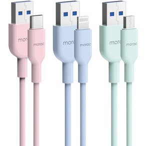 모락 트리플 롤롤 USB-5핀 + USB-8핀 + USB-C타입 고속 충전 케이블 세트, 핑크, 블루, 민트, 1세트, 2m