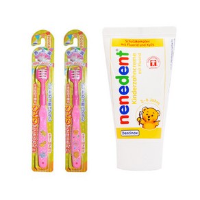 네네덴트 어린이 3면 칫솔 핑크 랜덤 + 어린이 불소 치약 딸기향 50ml, 1세트