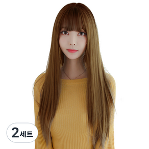 하이유니 풀 뱅 스트레이트 펌 롱 헤어 긴머리 통가발 가발 75cm + 가발망 + 거치대 세트, 허니브라운, 2세트