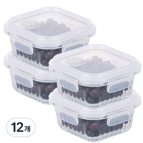 네오플램 웨이브락 유리 V 전자레인지 스팀홀 정사각 밀폐용기, 12개, 320ml