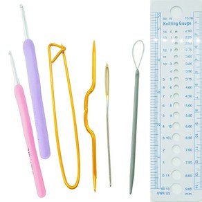 크래프트하우스 실리콘 코바늘 5mm + 5.5mm 실리콘 코바늘 2p + 마감핀 + 꽈배기핀 + 돗바늘 + 실끼우기 + 게이지자, 혼합색상, 1세트