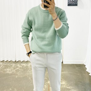 아도르클래식 남성용 캐시미어 배색 라운드 긴팔 니트
