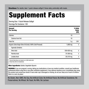 Piping Rock 올리브 오일 소프트젤 1000mg  240개 엑스트라 버진 콜드 프레스 보충제 글루텐 프리 GMO, 1개, 240정