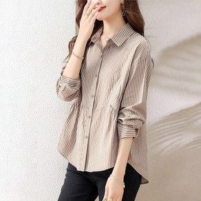 POMTOR 여성 슬림핏 스트라이프 긴팔셔츠 빈티지 허리 조임 카라넥 셔츠 데일리 오피스룩