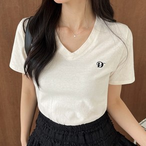 [디아미뇽] 리비아 자수 브이넥 코튼 반팔티