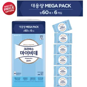 크리넥스 마이비데 물티슈 60매 x 6팩 대용량 MEGA PACK 화장실용 물티슈, 1세트, 360매, 143g