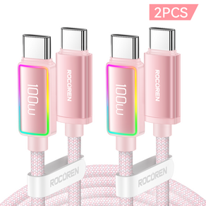 Rocoen LED PD 100W c to c 유형 초고속 충전 케이블 USB C 100W 알루미늄 합금 조명 디스플레이 케이블 데이터 전송, 2개, Pink, 2000mm