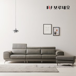 BIF보루네오 디에르 올리브 천연통가죽 3.5인 소파+스툴, 라이트그레이