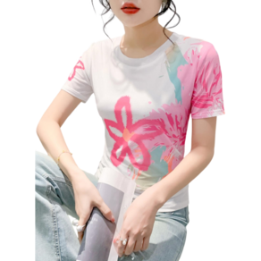 댄스복 상의 여성용 프린팅 티셔츠 반팔 망사 스판 티셔츠Women's T-shirt 뉴타임즈 X360M630