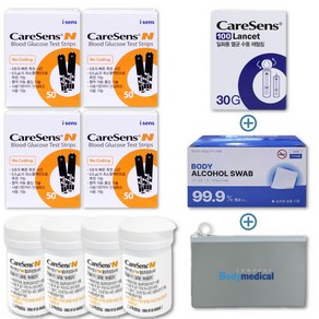 케어센스N 혈당 시험지 50매 x 4박스 +채혈침100개+바디알콜솜100개+BDM파우치 당뇨 시험지 혈당 검사지 스트립[바디메디칼 출고], 4개