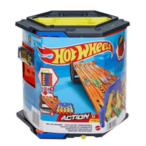 Hot Wheels 트랙 빌더 액션 롤 아웃 레이스웨이 5개의 레인 경마장 및 장난감 보관 버킷이 있는 트랙 세트 장난감 자동차 1개 포함 만 4세에서 10세용 장난감 1