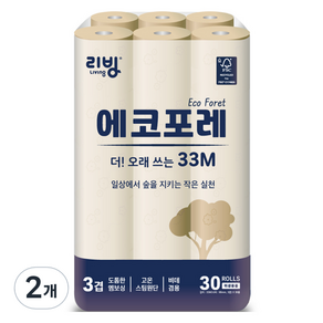 리빙티슈 에코포레 3겹 고급롤화장지, 2개, 30개입, 33m