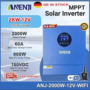 인버터 오프 그리드 충전 하이브리드 태양광 MPPT 230VAC 컨트롤러 순수 12V 내장 60A 광발전 2KW 사인, ANJ-2000W 12V WIFI, 220-240V, 1개