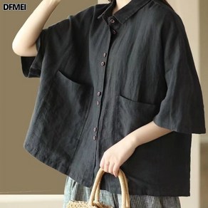 AOKADA 여성 린넨 반팔 셔츠 면마 카라넥 블라우스 오버핏 여자 포켓 7부소매 남방