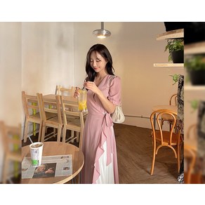 [리리앤코] 레유린 배색 플리츠 프릴 랩 롱 원피스