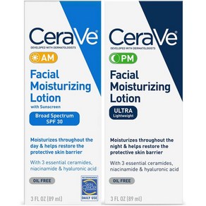 CeaVe 데이 나이트 페이스 로션 스킨 케어 세트  SPF 30을 함유한 AM과 PM 모이스처라이저 함유 무향료, 데이 & 나이트 세트, 1개, 89ml