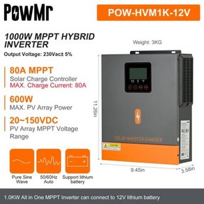 인버터 와이파이 순수 1KW 태양광 2KW 24V 1.5KW 사인파 80A 컨트롤러 모듈 PowM MPPT ~ 12V 포함 220V 충전 3.2KW 하이브리드, 1KW 12V, No WI-FI, 220-240V, 1개