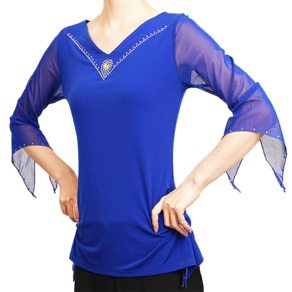 팔색조댄스 스포츠댄스복 브이물방울 양옆 절개 티셔츠, 88(2XL), 블루(BLUE)