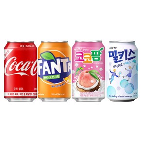 코카콜라 355ml 6캔 + 환타오렌지 355ml 6캔 + 코코팜피치핑크 340ml 6캔 + 밀키스 340ml 6캔 / 총 24캔, 1세트