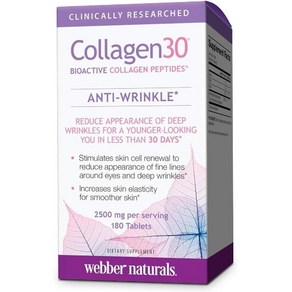 웨버 내추럴스 Collagen30 안티-링클 1회 제공량당 2 500mg의 생체 활성 콜라겐 펩타이드 180정 깊은 주름 잔주름 감소 및 피부 세포 자극에 도움 2개