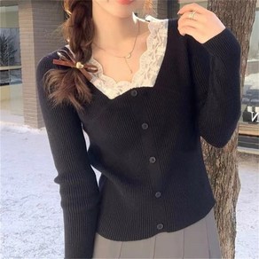 꽃소담 여성 슬림핏 니트 브이넥 레이스 장식 긴팔 니트티