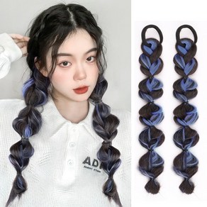 코코쥬 투톤 버블 브레이드 양갈래 헤어가발 머리끈, 2개, 블루
