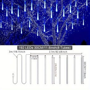 아밀 크리스마스 유성 샤워 조명 192개 LED USB 전원 낙하 빗방울 조명 광택 ABS 마감 8개 튜브 LED 문자열 조명 휴일 축제 장식용 흰색 포함 다색, 01 192LEDs/, 01 파란색, 1개