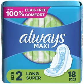 Always Maxi Daytime Pads Wings 사이즈 2 Long Unscented 18 Ct