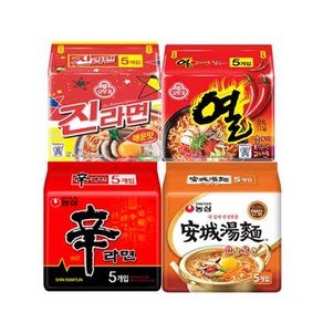 [블루존] 농심 오뚜기 봉지라면 4종 (신라면5p + 안성탕면 5p + 진라면매운맛5P + 열라면5P), 2세트