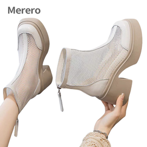 Meeo 여성 통굽 워커힐 여름 얇은 망사 펀칭 힐 7cm 키 작은 키높이 신발