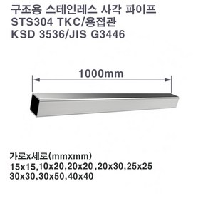 기계구조용 스테인레스 사각 파이프(STS304TKC)/스텐파이프/중소형, 15X15X0.9T, 1개