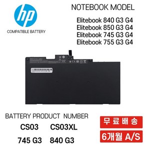 HP 노트북 배터리 CS03 CS03XL Elitebook 840 G3 G4, 기본선택, 1개