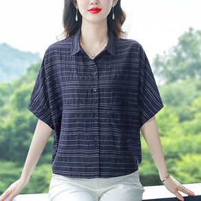 COSYEVNO 여름 면마 줄무늬 셔츠 반팔 중장년 엄마옷 린넨 돌먼 슬리브 배가림 상의
