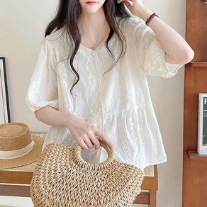 휠렉스 여성 브이넥 셔링 레이스 블라우스 JT369