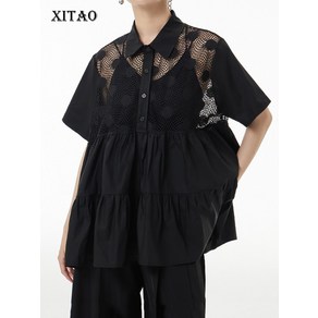 XITAO 블랙 펀칭 셔츠 루즈핏 패션 캐주얼 여성 상의 여름 새로운 기품 접이식 접합 A자 셔츠 DMJ1354