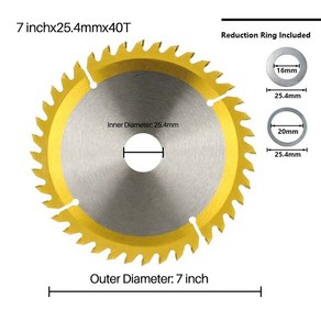 7인치원형톱날 Fieeath-4-8 인치 카바이드 팁 목재 절단 디스크 절단용 티타늄 코팅 TCT 원형 톱 블레이, [05] 7 inchx2.2x25.4x40T, 1개, 3) 7 inchx2.2x25.4x40T