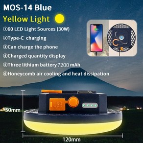 MOSLIGHTING LED 텐트 조명 충전식 랜턴 휴대용 야외 캠핑 램프 다기능 내구성 고출력 조명 7200Mah, [02] MOS-14-B-Y, 1개