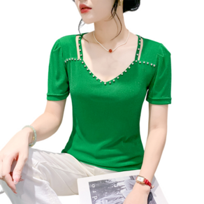 댄스복 상의 여성용 브이넥 핫피스 슬림 망사 스판 티셔츠 Women's T-shirt 뉴타임즈 X456R186