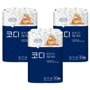 코디 순수 3겹 데코 30M x 30롤 x 3팩/두루마리 화장지/휴지/대용량/탕비실, 3개